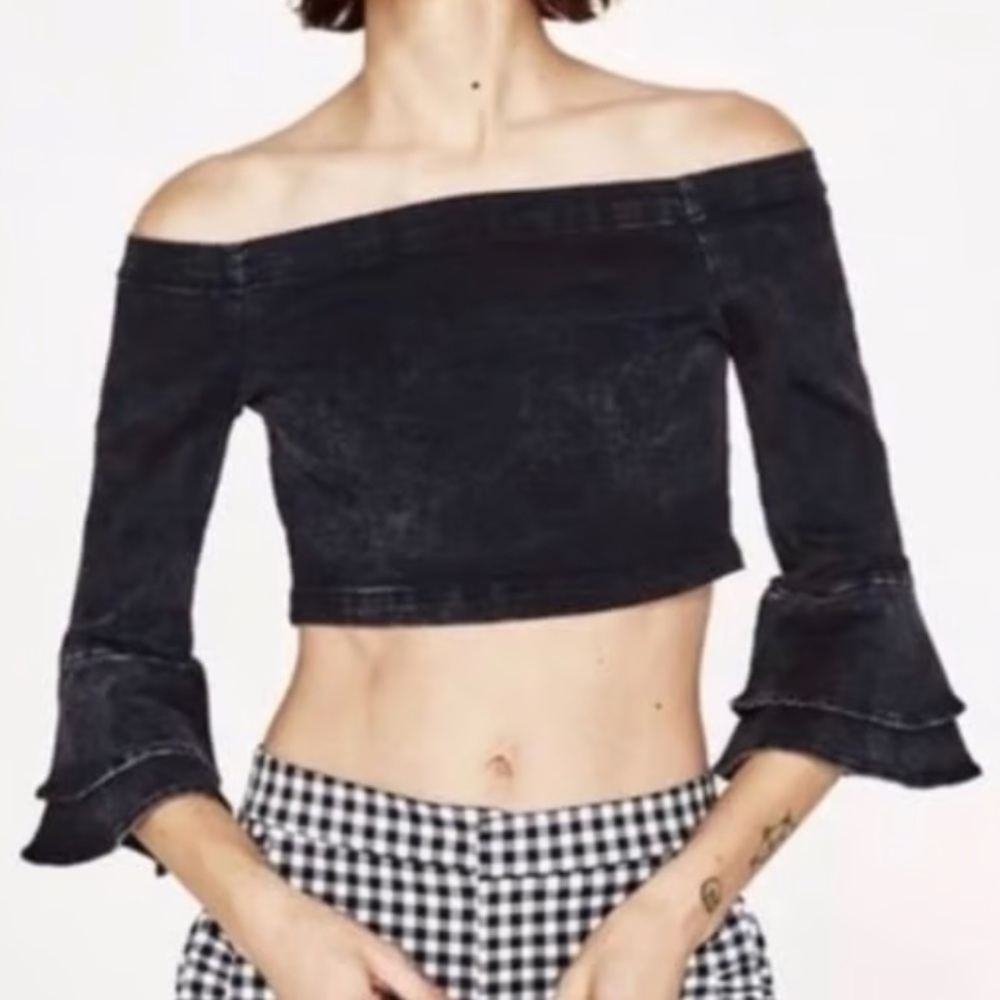 Zara Black Acid Wash Denim Off The Shoulder Tiered Bell Sleeve Crop Top Size S